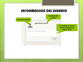 INFORMACION DEL USUARIO
                   Nombre del
                     usuario
Foto del usuario


                                Se escribe lo que el
                                usuario desea que
                                    sepan de El
 