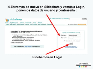 4-Entramos de nuevo en Slideshare y vamos a Login, ponemos datos de usuario y contraseña : Pinchamos en Login 