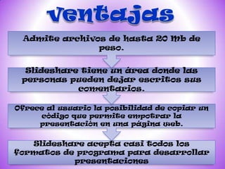 Admite archivos de hasta 20 Mb de
               peso.


  Slideshare tiene un área donde las
 personas pueden dejar escritos sus
            comentarios.

Ofrece al usuario la posibilidad de copiar un
     código que permite empotrar la
     presentación en una página web.


   Slideshare acepta casi todos los
formatos de programa para desarrollar
           presentaciones
 