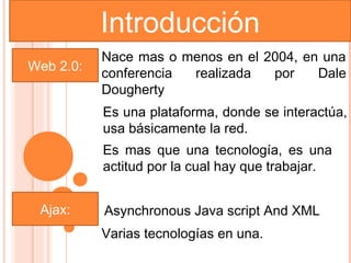Introducción
           Nace mas o menos en el 2004, en una
Web 2.0:
           conferencia realizada   por    Dale
           Dougherty
           Es una plataforma, donde se interactúa,
           usa básicamente la red.
           Es mas que una tecnología, es una
           actitud por la cual hay que trabajar.


 Ajax:     Asynchronous Java script And XML
           Varias tecnologías en una.
 