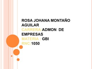 ROSA JOHANA MONTAÑO
AGUILAR
CARRERA:ADMON DE
EMPRESAS
MATERIA : GBI
RNC:1050
 