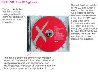 PIXIE LOTT: Disk Of Digipack
                                                         The disk has the track list
                                                         of the CD on it which is
The grey symbol on
                                                         useful as the audience
the disk is unique
                                                         will be able to identify
and gives the disk
                                                         each track name even
more detail making
                                                         if they lose the CD case.
it look visual more
                                                         It also adds some
interesting.
                                                         interest to the disk so it
                                                         isn’t plain and boring.
                                                         Many pop artists choose
                                                         to have their track list on
                                                         the disk; therefore I will
                                                         consider this when
                                                         making my digipack.




  The disk is a bright red colour which makes it
  stand out. This vibrant colour reflects Pixies music
  as she is a pop artist who sings upbeat and
  exciting songs. The colour also contrasts from the
  background colour of the digipack which is grey.
 
