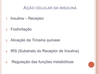 AÇÃO CELULAR DA INSULINA

1.   Insulina – Receptor

2.   Fosforilação

3.   Ativação da Tirosina quinase

4.   IRS (Substrato do Receptor de Insulina)

5.   Regulação das funções metabólicas
 