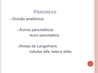 PÂNCREAS
o Divisão anatômica


       Ácinos pancreáticos
             •suco pancreático

       Ilhotas de Langerhans
              •células alfa, beta e delta
 