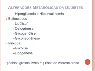ALTERAÇÕES METABÓLICAS DA DIABETES
        Hiperglicemia e Hipoinsulinemia
 Estimulados

       Lipólise*

       Cetogênese

       Glicogenólise

       Gliconeogênese

 Inibidos

       Glicólise

       Lipogênese



*↑ácidos graxos livres = ↑ risco de Aterosclerose
 