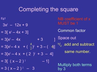Completing the square
Eg1                              NB coefficient of x
 3x2 – 12x + 9                   MUST be 1

= 3[ x2 – 4x + 3]                Common factor

= 3[x2 – 4x          +3       ] Space out
                 4              b
                                  /2 : add and subtract
= 3[x – 4 x + ( 2 ) + 3 – ( 4)]
     2             2

                                       same number.
= 3[x – 4 x + ( 2 ) + 3 – 4]
     2               2


= 3[ ( x – 2 ) 2        – 1]
                                 Multiply both terms
=3(x–2)2 – 3                     by 3
 