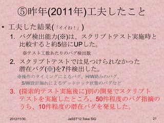 ⑤昨年(2011年)工夫したこと
• 工夫した結果(「イイね！」)
 1. バグ検出能力(※)は、スクリプトテスト実施時と
    比較すると約5倍にUPした。
         ※テスト工数あたりのバグ検出数

 2. スクリプトテストでは見つけられなかった
    潜在バグ(※)を7件検出した。
     ※操作のタイミングによるバグ、H/W絡みのバグ、
      S/W設計漏れによるデッドロック状態のバグなど
 3. (探索的テスト実施後に)別の開発でスクリプト
    テストを実施したところ、50件程度のバグ指摘の
    うち、10件程度の潜在バグを発見した。
 2012/11/30       JaSST'12 Tokai SIG   21
 
