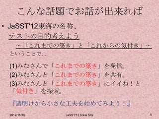 こんな話題でお話が出来れば
• JaSST'12東海の名称、
  テストの目的考えよう
     ～「これまでの築き」と「これからの気付き」～
 ということで…

 (1)みなさんで「これまでの築き」を発信。
 (2)みなさんと「これまでの築き」を共有。
 (3)みなさんと「これまでの築き」にイイね！と
 「気付き」を探索。

 『週明けから小さな工夫を始めてみよう！』
 2012/11/30   JaSST'12 Tokai SIG   5
 