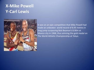 X-Mike Powell
Y-Carl Lewis

                It was on an epic competition that Mike Powell had
                made an unbeaten world record of 8.95 metres in
                long jump surpassing Bob Beamon’s 8.90m at
                Mexico city in 1968, thus winning the gold medal on
                The World Athletic Championship at Tokyo.
 
