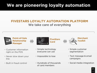 We are pioneering loyalty automation


       FIVESTARS LOYALTY AUTOMATION PLATFORM
                We take care of everything



         Point-of-Sale                                          Merchant
                                           FiveStars
         Relationship                                           Toolkit
                                           Card
         Manager

•  Customer information     •  Simple technology       •  Simple customer
   right on the POS            everyone can use           segmentation

•  Never slow down your     •  Impossible to lose      •  Text message & email
   line                                                   campaigns

•  Built in fraud control   •  Hundreds of thousands   •  Social media integration
                               of card members

                                                                                 6
 