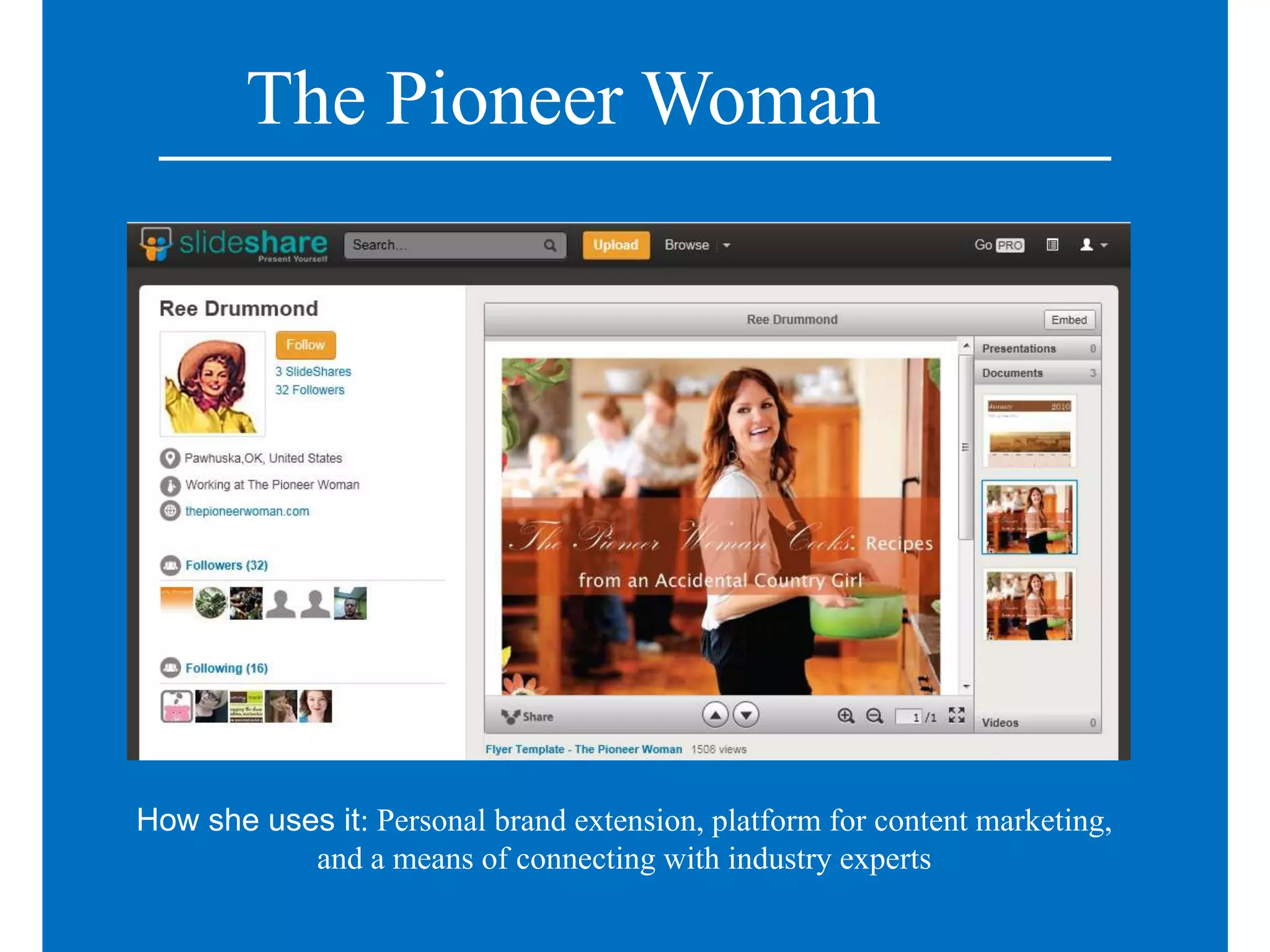 The Pioneer Woman




How she uses it: Personal brand extension, platform for content marketing,
           and a means of connecting with industry experts
 