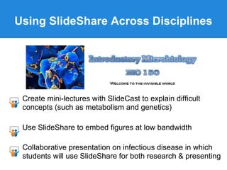 Using SlideShare Across Disciplines




 Create mini-lectures with SlideCast to explain difficult
 concepts (such as metabolism and genetics)

 Use SlideShare to embed figures at low bandwidth

 Collaborative presentation on infectious disease in which
 students will use SlideShare for both research & presenting
 