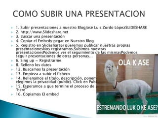    1. Subir presentaciones a nuestro BlogJosé Luis Zurdo LópezSLIDESHARE
   2. http://www.Slideshare.net
   3. Buscar u...