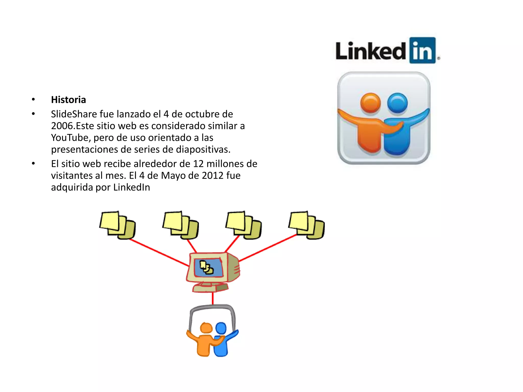 •   Historia
•   SlideShare fue lanzado el 4 de octubre de
    2006.Este sitio web es considerado similar a
    YouTube, pero de uso orientado a las
    presentaciones de series de diapositivas.
•   El sitio web recibe alrededor de 12 millones de
    visitantes al mes. El 4 de Mayo de 2012 fue
    adquirida por LinkedIn
 