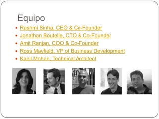 Equipo
 Rashmi Sinha, CEO & Co-Founder
 Jonathan Boutelle, CTO & Co-Founder
 Amit Ranjan, COO & Co-Founder
 Ross Mayfi...