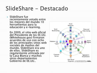    SlideShare fue
    recientemente votado entre
    los mejores del mundo 10
    herramientas para la
    educación y e-learning.
    En 2009, el sitio web oficial
    del Presidente de los EE.UU.
    (Whitehouse.gov) firmaron
    acuerdos de uso con ocho
    de los principales sitios web
    sociales de medios del
    mundo. SlideShare era uno
    de ellos. SlideShare es
    regularmente utilizada por
    la Casa Blanca y muchos
    otros departamentos
    Gobierno de EE.UU..
 