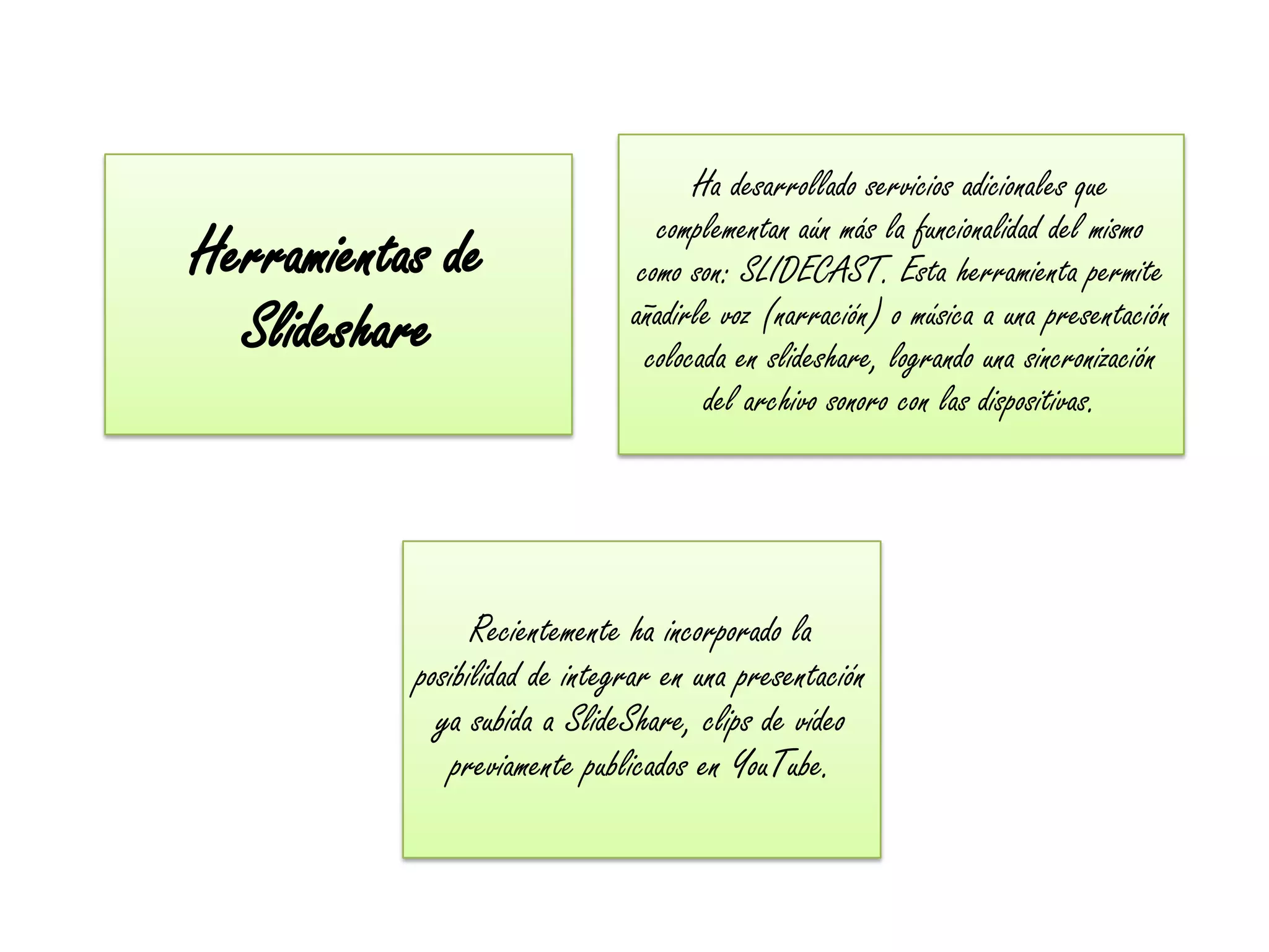 Ha desarrollado servicios adicionales que
                                  complementan aún más la funcionalidad del mismo
Herramientas de                 como son: SLIDECAST. Esta herramienta permite
  Slideshare                   añadirle voz (narración) o música a una presentación
                                 colocada en slideshare, logrando una sincronización
                                       del archivo sonoro con las dispositivas.




                 Recientemente ha incorporado la
           posibilidad de integrar en una presentación
             ya subida a SlideShare, clips de vídeo
               previamente publicados en YouTube.
 