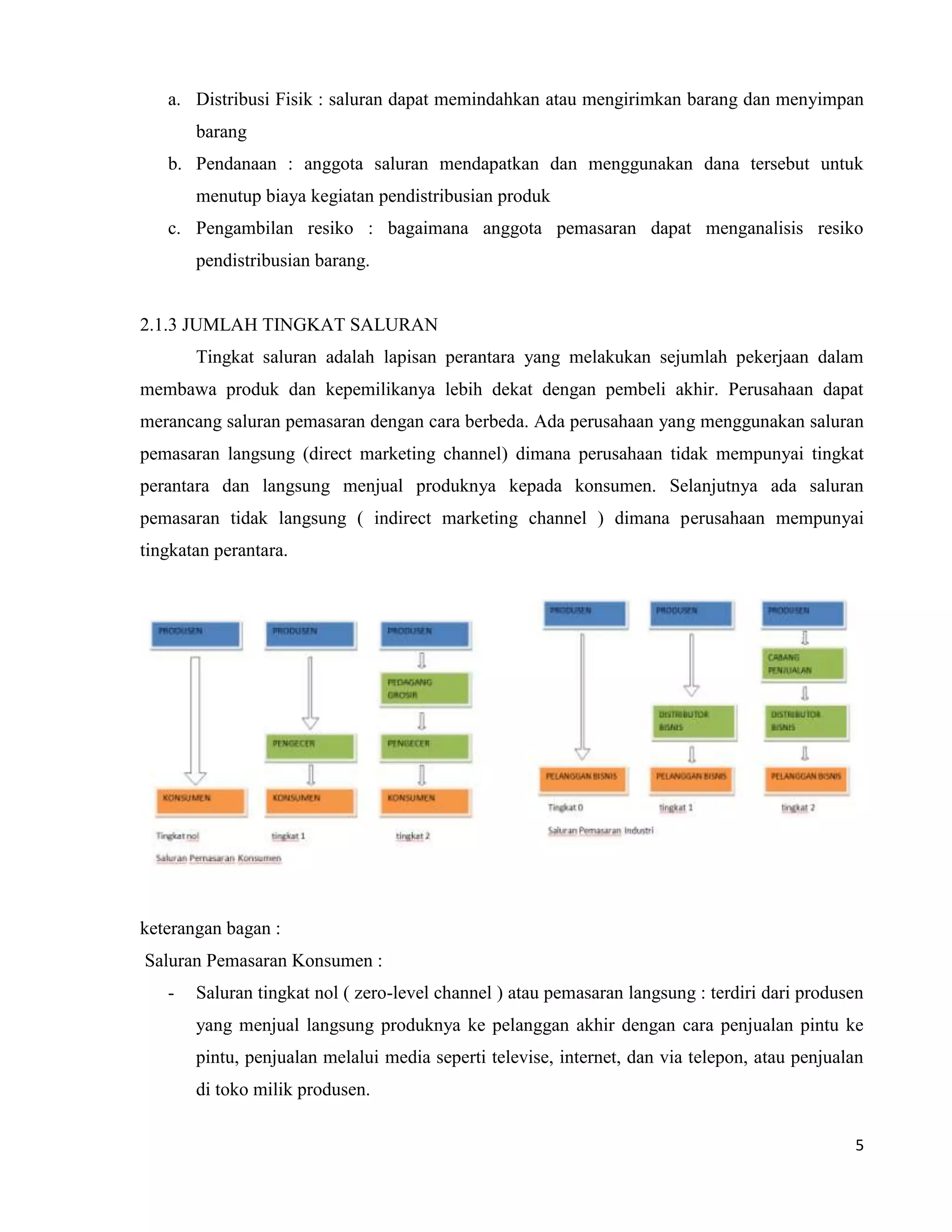 5
a. Distribusi Fisik : saluran dapat memindahkan atau mengirimkan barang dan menyimpan
barang
b. Pendanaan : anggota saluran mendapatkan dan menggunakan dana tersebut untuk
menutup biaya kegiatan pendistribusian produk
c. Pengambilan resiko : bagaimana anggota pemasaran dapat menganalisis resiko
pendistribusian barang.
2.1.3 JUMLAH TINGKAT SALURAN
Tingkat saluran adalah lapisan perantara yang melakukan sejumlah pekerjaan dalam
membawa produk dan kepemilikanya lebih dekat dengan pembeli akhir. Perusahaan dapat
merancang saluran pemasaran dengan cara berbeda. Ada perusahaan yang menggunakan saluran
pemasaran langsung (direct marketing channel) dimana perusahaan tidak mempunyai tingkat
perantara dan langsung menjual produknya kepada konsumen. Selanjutnya ada saluran
pemasaran tidak langsung ( indirect marketing channel ) dimana perusahaan mempunyai
tingkatan perantara.
keterangan bagan :
Saluran Pemasaran Konsumen :
- Saluran tingkat nol ( zero-level channel ) atau pemasaran langsung : terdiri dari produsen
yang menjual langsung produknya ke pelanggan akhir dengan cara penjualan pintu ke
pintu, penjualan melalui media seperti televise, internet, dan via telepon, atau penjualan
di toko milik produsen.
 