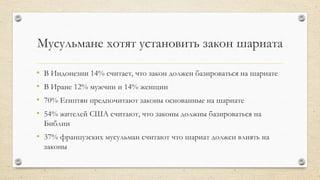 Мусульмане хотят установить закон шариата
• В Индонезии 14% считает, что закон должен базироваться на шариате
• В Иране 12% мужчин и 14% женщин
• 70% Египтян предпочитают законы основанные на шариате
• 54% жителей США считают, что законы должны базироваться на
Библии
• 37% французских мусульман считают что шариат должен влиять на
законы
 