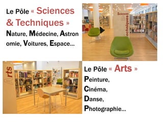 Le Pôle « Sciences
& Techniques »
Nature, Médecine, Astron
omie, Voitures, Espace…
Le Pôle « Arts »
Peinture,
Cinéma,
Danse,
Photographie…
 