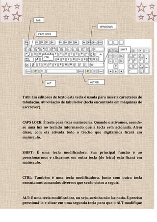 TAB: Em editores de texto esta tecla é usada para inserir caracteres de
tabulação. Abreviação de tabulador (tecla encontrada em máquinas de
esccrever).
CAPS LOCK: É tecla para fixar maiúsculas. Quando o ativamos, acende-
se uma luz no teclado informando que a tecla está acionada. Além
disso, com ela ativada todo o trecho que digitarmos ficará em
maiúsculo.
SHIFT: É uma tecla modificadora. Sua principal função é ao
pressionarmos e clicarmos em outra tecla (de letra) está ficará em
maiúsculo.
CTRL: Também é uma tecla modificadora. Junto com outra tecla
executamos comandos diversos que serão vistos a seguir.
ALT: É uma tecla modificadora, ou seja, sozinha não faz nada. É preciso
pressioná-la e clicar em uma segunda tecla para que o ALT modifique
CTRL
ALT ALT GR
CAPS LOCK
TAB
SHIFT
WINDOWS
 