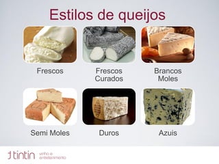 Estilos de queijos
Frescos Frescos
Curados
Brancos
Moles
Semi Moles Duros Azuis
 