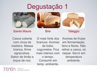 Degustação 1
Sainte Maure
Casca coberta
com cinza de
madeira. Massa
branca, firme
egranulosa.
Sabor de limão e
toque de noz.
Brie
O mais forte dos
brancos. Aromas
de bolor,
cogumelos. Fica
mais intenso com
o tempo.
Consumir em
temp. ambiente.
Taleggio
Aromas de frutas
em fermentação,
feno e flores. Não
retirar a casca, só
raspar. Servir em
temperatura
ambiente.
 
