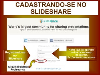CADASTRANDO-SE NO
SLIDESHARE
Registrando-se
no
Slideshare
Nome que vai aparecer
no link de endereço
da Internet.
Ex: Conteúdo que leciona
Clique aqui para
Registrar-se
 