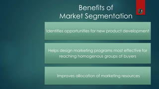 Benefits of
Market Segmentation
Identifies opportunities for new product development
Helps design marketing programs most effective for
reaching homogenous groups of buyers
Improves allocation of marketing resources
 