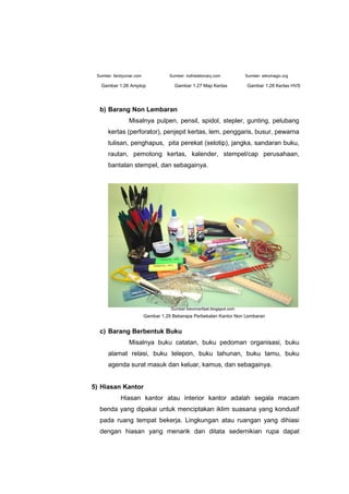 b) Barang Non Lembaran
Misalnya pulpen, pensil, spidol, stepler, gunting, pelubang
kertas (perforator), penjepit kertas, lem, penggaris, busur, pewarna
tulisan, penghapus, pita perekat (selotip), jangka, sandaran buku,
rautan, pemotong kertas, kalender, stempel/cap perusahaan,
bantalan stempel, dan sebagainya.
c) Barang Berbentuk Buku
Misalnya buku catatan, buku pedoman organisasi, buku
alamat relasi, buku telepon, buku tahunan, buku tamu, buku
agenda surat masuk dan keluar, kamus, dan sebagainya.
5) Hiasan Kantor
Hiasan kantor atau interior kantor adalah segala macam
benda yang dipakai untuk menciptakan iklim suasana yang kondusif
pada ruang tempat bekerja. Lingkungan atau ruangan yang dihiasi
dengan hiasan yang menarik dan ditata sedemikian rupa dapat
Gambar 1.26 Amplop
Gambar 1.29 Beberapa Perbekalan Kantor Non Lembaran
Gambar 1.27 Map Kertas Gambar 1.28 Kertas HVS
Sumber: faridyuniar.com Sumber: indhstationary.com Sumber: wikomagic.org
Sumber:tokomanfaat.blogspot.com
 
