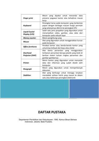 Finger print
Mesin yang dipakai untuk menandai data
presensi pegawai kantor atas kehadiran masuk
kerja
Keyboard
Perangkat keras pada komputer yang berbentuk
papan dengan berbagai macam fungsi perintah
yang selanjutnya dikirim ke perangkat CPU
Liquid Crystal
Display (LCD)
Salah satu jenis proyektor yang digunakan untuk
menampilkan video, gambar, atau data dari
komputer pada sebuah layar
Money counter Mesin penghitung uang
Mouse
Alat yang digunakan untuk menggerakkan kursor
pada komputer
Office furnitures
Perabot kantor atau benda-benda kantor yang
umumnya terbuat dari kayu atau metal
Overhead
Projector (OHP)
Alat bantu persentasi yang menggunakan
lembaran persentasi berupa plastik yang telah di
berikan materi tulisan ringkas persentasi dan
gambar-gambarnya
Printer
Mesin kantor yang digunakan untuk mencetak
data dan informasi yang sudah diolah oleh
komputer
Risograph
Mesin yang digunakan untuk memperbanyak
dokumen
Stabilizer
Alat yang berfungsi untuk menjaga lonjakan
mendadak voltase listrik yang masuk ke dalam
satu atau beberapa perangkat elektronik
DAFTAR PUSTAKA
Departemen Pendidikan dan Kebudayaan. 1990. Kamus Besar Bahasa
Indonesia. Jakarta: Balai Pustaka.
 