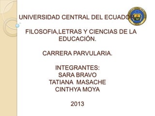 UNIVERSIDAD CENTRAL DEL ECUADOR.
FILOSOFIA,LETRAS Y CIENCIAS DE LA
EDUCACIÓN.
CARRERA PARVULARIA.
INTEGRANTES:
SARA BRAVO
TATIANA MASACHE
CINTHYA MOYA
2013

 