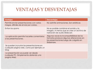 VENTAJAS Y DESVENTAJAS
Ventajas

Desventajas

Permite enviar presentaciones con varios
megas, difíciles de enviar por correo.

No admite animaciones. Son estáticas

Evitan los spams

No es posible combinar el sonido y la
imagen. A menos que se cree un archivo de
narración de audio Slidecast.

La aplicación permite hacerles comentarios
a las presentaciones.

Algunas veces la incompatibilidad de los
formatos produce algunas alteraciones en
las presentaciones luego de colgarla en
Slideshare.

Se pueden incrustar las presentaciones en
cualquier página web, como por ejemplo un
blog
La presentación se puede ver desde
cualquier PC. Simplemente abriendo una
pagina Web.

 
