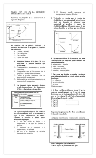 MARCA CON UNA (X) LA RESPUESTA
CORRECTA EN LA TABLA

D. El diamante puede quemarse
presencia del oxígeno del aire.

Responde las preguntas 1 y 2 con base en el
siguiente diagrama:

3. Teniendo en cuenta que el punto de
ebullición es una propiedad intensiva, es
decir no depende de ninguna otra
magnitud, al graficar el punto de
ebullición (Tb) de diferentes masas de un
mismo líquido, la gráfica que se obtiene
es:

De acuerdo con la gráfica anterior , es
correcto afirmar que en el punto A, coexiste
un equilibrio:
A. Líquido – Sólido
B. Gas – Líquido
C. Gas – sólido
D. De las tres fases
1. Siguiendo el curso de la línea OP en el
diagrama, es posible afirmar que
ocurre una:
A. Condensación a temperatura y presión
constantes
B. Evaporación con el incremento de la
presión y a temperatura constante.
C. Fusión a presión constante con un
aumento de la temperatura.
D. Sublimación a presión constante con un
aumento de la temperatura
2. La siguiente tabla presenta algunas
propiedades del oro y del diamante a
25°C, y a 1 atmósfera de presión:

Un joyero requiere reparar un anillo de
oro con diamantes, para lo cual somete la
joya a una temperatura de 950°C.
Durante el proceso el anillo puede
deteriorarse porque:
A. El oro del anillo se funde a la
temperatura a la que se realiza el
proceso.
B. El diamante no es resistente a la
temperatura y se quiebra.
C. El oro y el diamante se mezclan
formando una aleación.

en

4. Los estados físicos de la materia son una
característica que depende generalmente de
las condiciones de:
A. temperatura y presión
B. masa y volumen
C. volumen y presión
D. presión y concentración
5, Para que un liquido a presión constante
pase del estado liquido al estado solidó se debe
disminuir:
A. el volumen
B. la concentración
C. la masa
D.la temperatura
6. Si Una varilla metálica de masa 10 gr se
sumerge completamente en 8 ml de agua
dentro de una probeta graduada. El nivel del
agua se eleva hasta 10 ml. Cuál es la densidad
del metal que forma la varilla?
A. 1 gr/ml
B. 2 gr/ml
D = m/V
C. 4 gr/ml
D. 5 gr/ml

Responde las preguntas 7 y 8 de acuerdo con
el siguente enunciado:
La figura muestra una comparación entre la

escala centígrada y la farhenheit:
7. De la figura se puede concluir que:

 