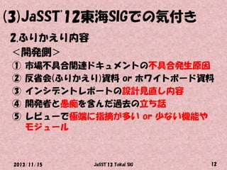 (3)JaSST'12東海SIGでの気付き
2.ふりかえり内容
＜開発側＞
①
②
③
④
⑤

市場不具合関連ドキュメントの不具合発生原因
反省会(ふりかえり)資料 or ホワイトボード資料
インシデントレポートの設計見直し内容
開発者と愚痴を含んだ過去の立ち話
レビューで極端に指摘が多い or 少ない機能や
モジュール

2013/11/15

JaSST'13 Tokai SIG

12

 