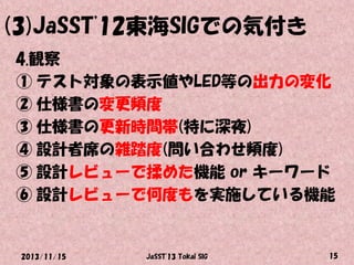 (3)JaSST'12東海SIGでの気付き
4.観察
① テスト対象の表示値やLED等の出力の変化
② 仕様書の変更頻度
③ 仕様書の更新時間帯(特に深夜)
④ 設計者席の雑踏度(問い合わせ頻度)
⑤ 設計レビューで揉めた機能 or キーワード
⑥ 設計レビューで何度もを実施している機能

2013/11/15

JaSST'13 Tokai SIG

15

 