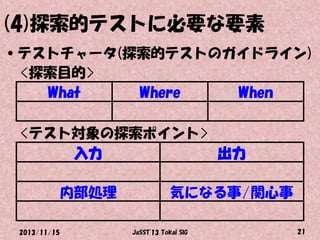 (4)探索的テストに必要な要素
•テストチャータ(探索的テストのガイドライン)
<探索目的>
What
Where
When

<テスト対象の探索ポイント>
入力
出力
内部処理
2013/11/15

気になる事/関心事
JaSST'13 Tokai SIG

21

 
