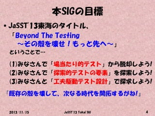 本SIGの目標
•JaSST'13東海のタイトル、
「Beyond The Testing
～その殻を壊せ！もっと先へ～」
ということで…

(1)みなさんで「場当たり的テスト」から脱却しよう!
(2)みなさんで「探索的テストの要素」を探索しよう!
(3)みなさんと「工夫駆動テスト設計」で探求しよう!

『既存の殻を壊して、次なる時代を開拓するがね!』
2013/11/15

JaSST'13 Tokai SIG

4

 
