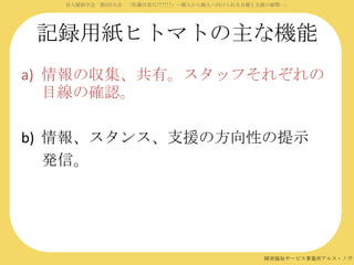 対人援助学会 第5回大会 「佐藤は見た!!!!!!」―個人から個人へ向けられる目線と支援の展開―」

記録用紙ヒトマトの主な機能
a) 情報の収集、共有。スタッフそれぞれの
目線の確認。
b) 情報、スタンス、支援の方向性の提示
発信。

障害福祉サービス事業所アルス・ノヴァ

 