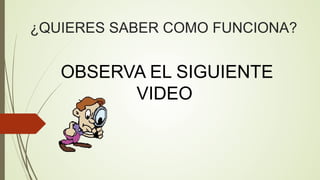 ¿QUIERES SABER COMO FUNCIONA?

OBSERVA EL SIGUIENTE
VIDEO

 