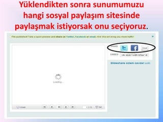 Yüklendikten sonra sunumumuzu
hangi sosyal paylaşım sitesinde
paylaşmak istiyorsak onu seçiyoruz.

 