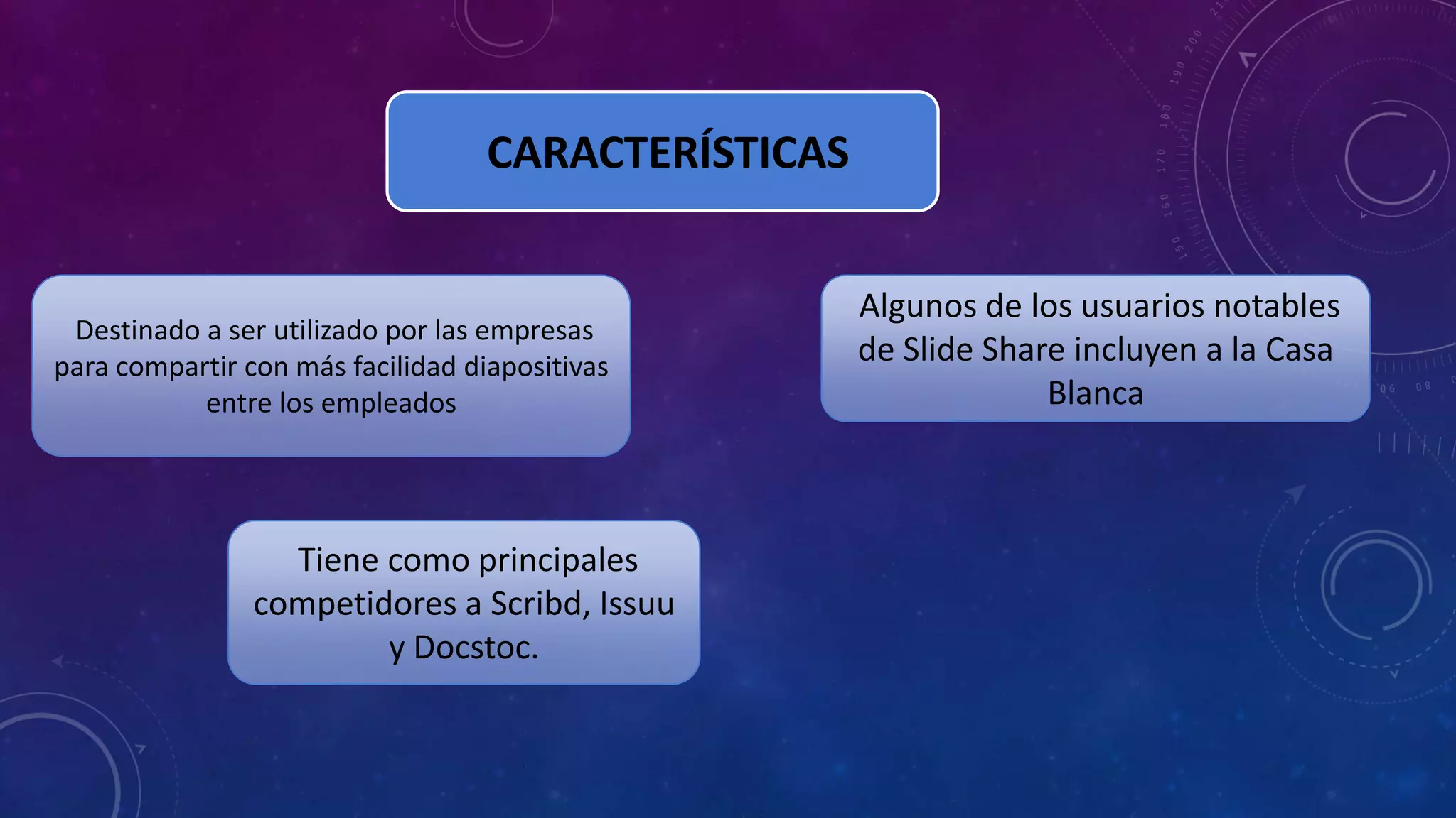 CARACTERÍSTICAS

Destinado a ser utilizado por las empresas
para compartir con más facilidad diapositivas
entre los empleados

Tiene como principales
competidores a Scribd, Issuu
y Docstoc.

Algunos de los usuarios notables
de Slide Share incluyen a la Casa
Blanca

 