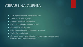 CREAR UNA CUENTA


1. Se ingresa a www. slideshare.com



2 .Hacer clic en : signup



3. Llenar los datos personales



4. Continuar ingresando los datos



5.Hacer clic en Sign up



6. Ingresar a la página de nuestro correo



7. Confirmar el e-mail



Como ya estamos registrados , podemos empezar a subir
información a nuestra cuenta.

 