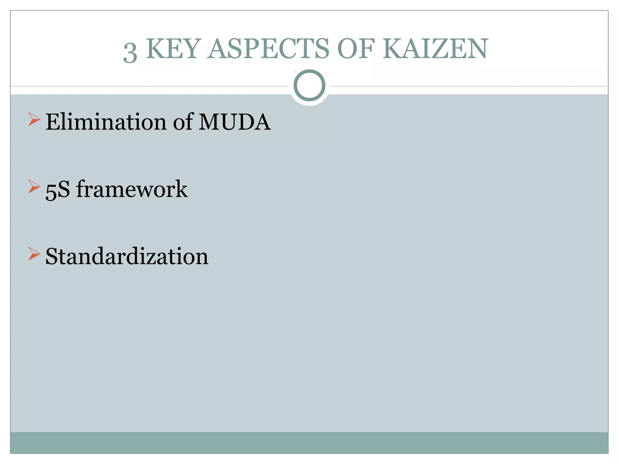 3 KEY ASPECTS OF KAIZEN
 Elimination of MUDA
 5S framework
 Standardization

 