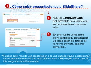 ¿Cómo subir presentaciones a SlideShare?33
Puedes subir más de una presentación a la vez; cuando vayas a seleccionar
varias presentaciones de una lista, pulsa la tecla Ctrl y eliges varias, que se
irán cargando simultáneamente.
CC
DD
Dale clik a BROWSE AND
SELECT FILE para seleccionar
las presentaciones que vas a
subir.
En este cuadro verás cómo
se va cargando tu presentación
y podrás editar los detalles de
la misma (nombre, palabras
clave, etc.).
 