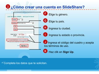 ¿Cómo crear una cuenta en SlideShare?22
Completa los datos que te solicitan.
FF Elige tu género.
GG Elige tu país.
HH Ingresa tu ciudad.
JJ Ingresa el código del cuadro y acepta
los términos de uso.
KK Haz clik en Sign Up.
Ingresa tu estado o provincia.II
 