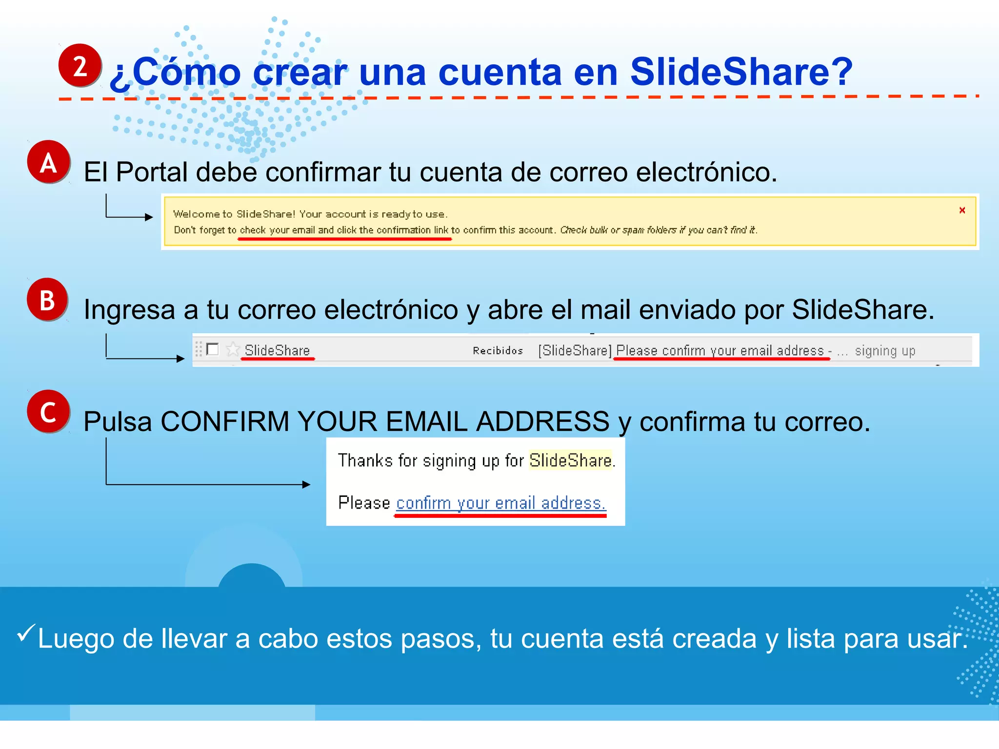 ¿Cómo crear una cuenta en SlideShare?22
Luego de llevar a cabo estos pasos, tu cuenta está creada y lista para usar.
AA El Portal debe confirmar tu cuenta de correo electrónico.
BB Ingresa a tu correo electrónico y abre el mail enviado por SlideShare.
CC Pulsa CONFIRM YOUR EMAIL ADDRESS y confirma tu correo.
 