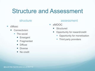 Structure and Assessment
structure
 cMooc
 Connectivism
 The social
 Emergent
 Fragmented
 Diffuse
 Diverse
 No credit
assessment
 xMOOC
 Structured
 Opportunity for reward/credit
 Opportunity for monetisation
 Third party providers
@suukii http://eprints.soton.ac.uk/363714/
 