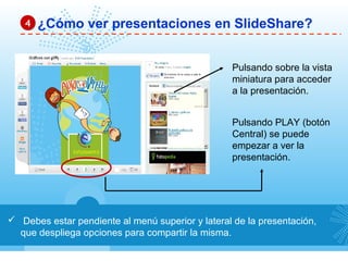  Debes estar pendiente al menú superior y lateral de la presentación,
que despliega opciones para compartir la misma.
¿Cómo ver presentaciones en SlideShare?44
Pulsando sobre la vista
miniatura para acceder
a la presentación.
Pulsando PLAY (botón
Central) se puede
empezar a ver la
presentación.
 