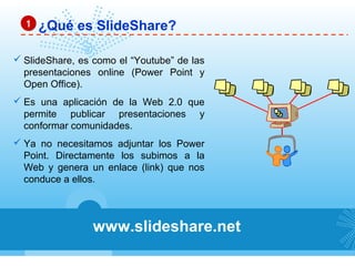 ¿Qué es SlideShare?
 SlideShare, es como el “Youtube” de las
presentaciones online (Power Point y
Open Office).
 Es una aplicación de la Web 2.0 que
permite publicar presentaciones y
conformar comunidades.
 Ya no necesitamos adjuntar los Power
Point. Directamente los subimos a la
Web y genera un enlace (link) que nos
conduce a ellos.
www.slideshare.net
11
 